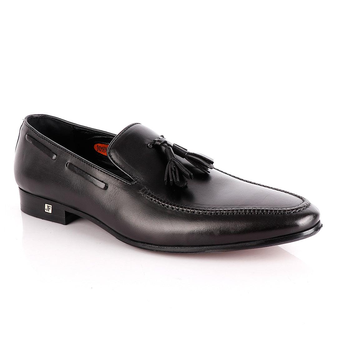 John Foster Plain Black Leather Tassel Slip on Shoe - Obeezi