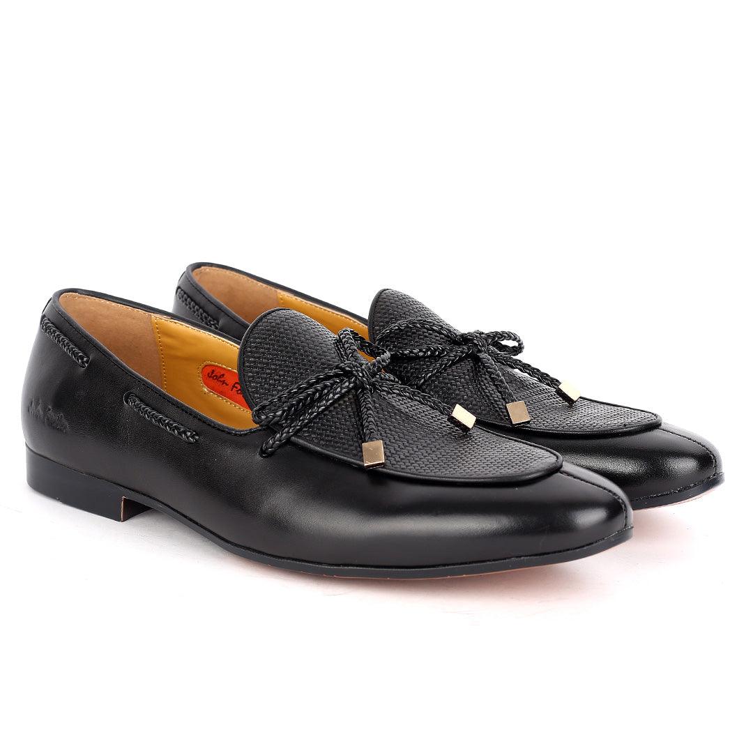 John Foster Plain Side Leather Skin With Mini Woven Twisted Lace Designed -Black - Obeezi.com