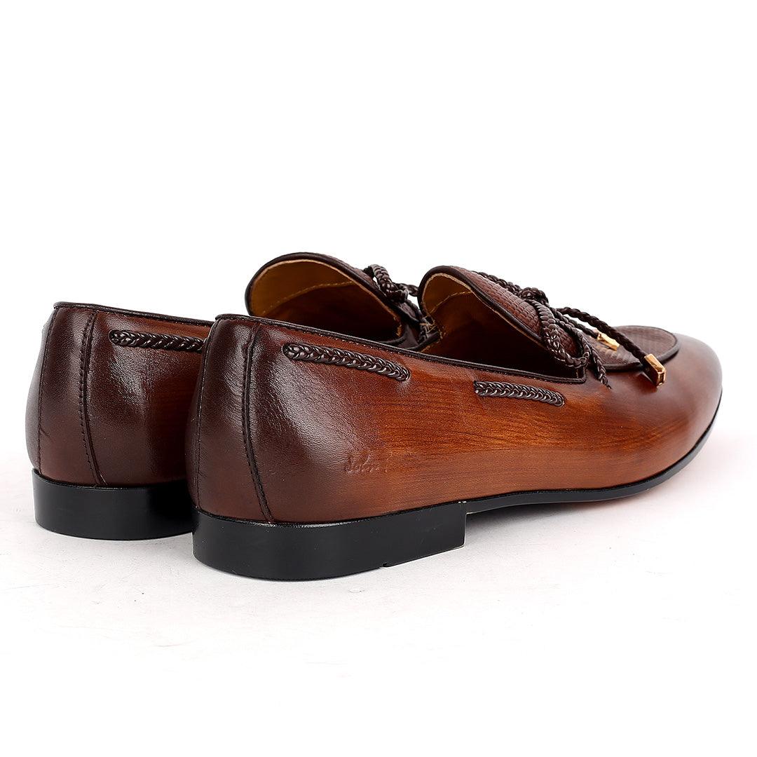 John Foster Plain Side Leather Skin With Mini Woven Twisted Lace Designed -Brown - Obeezi.com