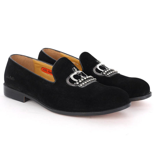 John Foster Suede Black Leather Stone Crown logo Men's Shoe - Obeezi.com
