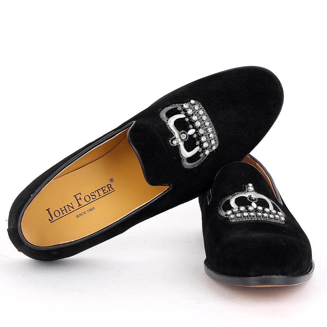 John Foster Suede Black Leather Stone Crown logo Men's Shoe - Obeezi.com
