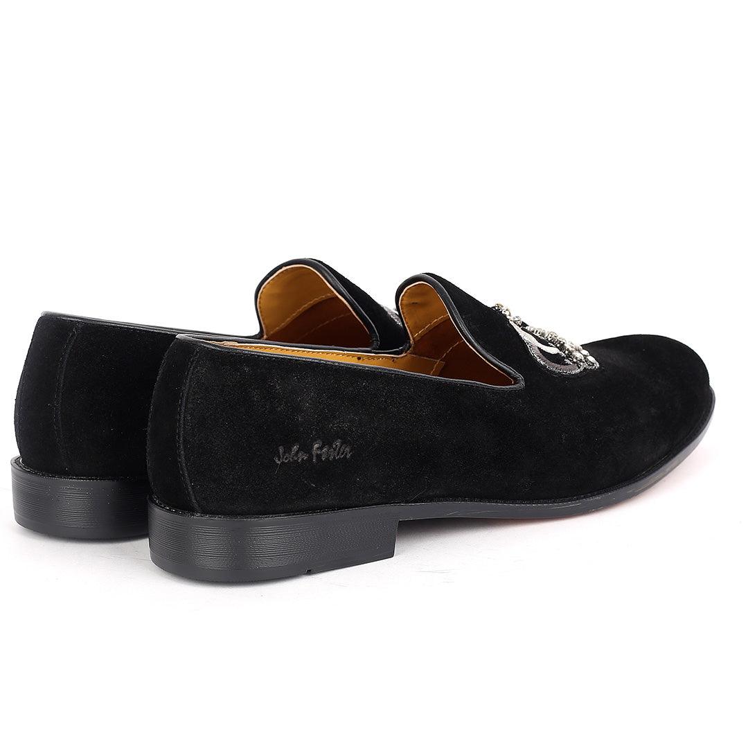John Foster Suede Black Leather Stone Crown logo Men's Shoe - Obeezi.com