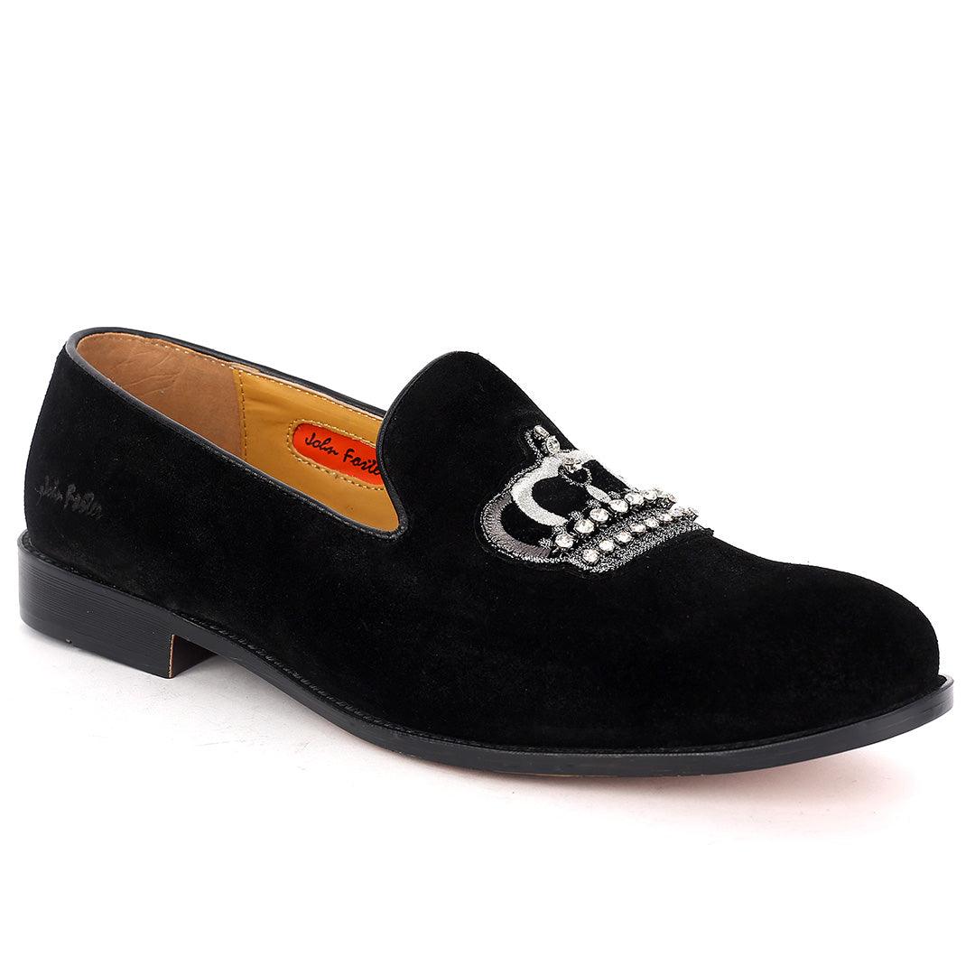 John Foster Suede Black Leather Stone Crown logo Men's Shoe - Obeezi.com