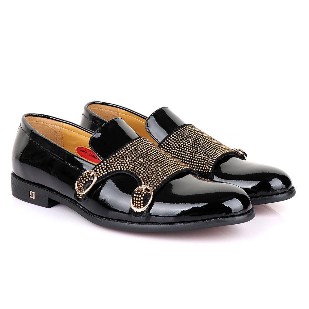 John Foster Wetlips Gold Monk Strap Black Shoe - Obeezi