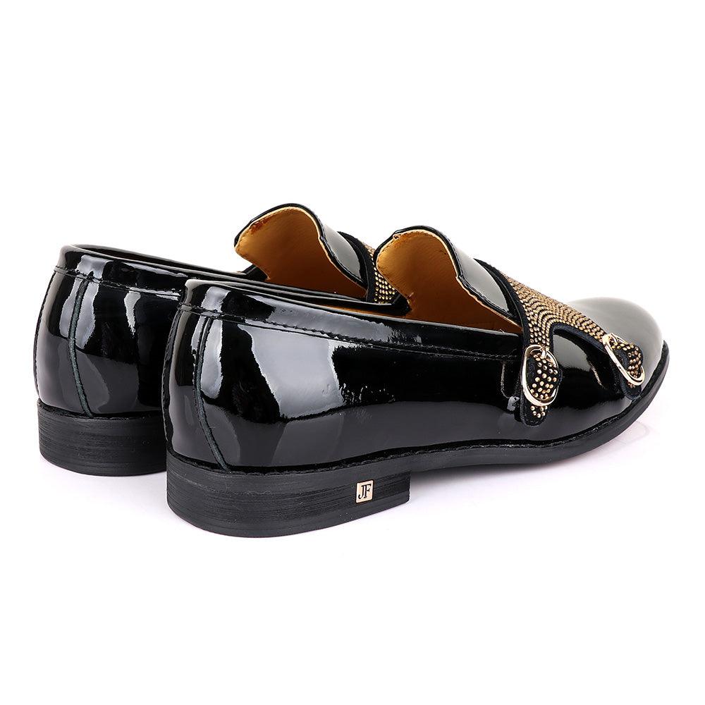 John Foster Wetlips Gold Monk Strap Black Shoe - Obeezi