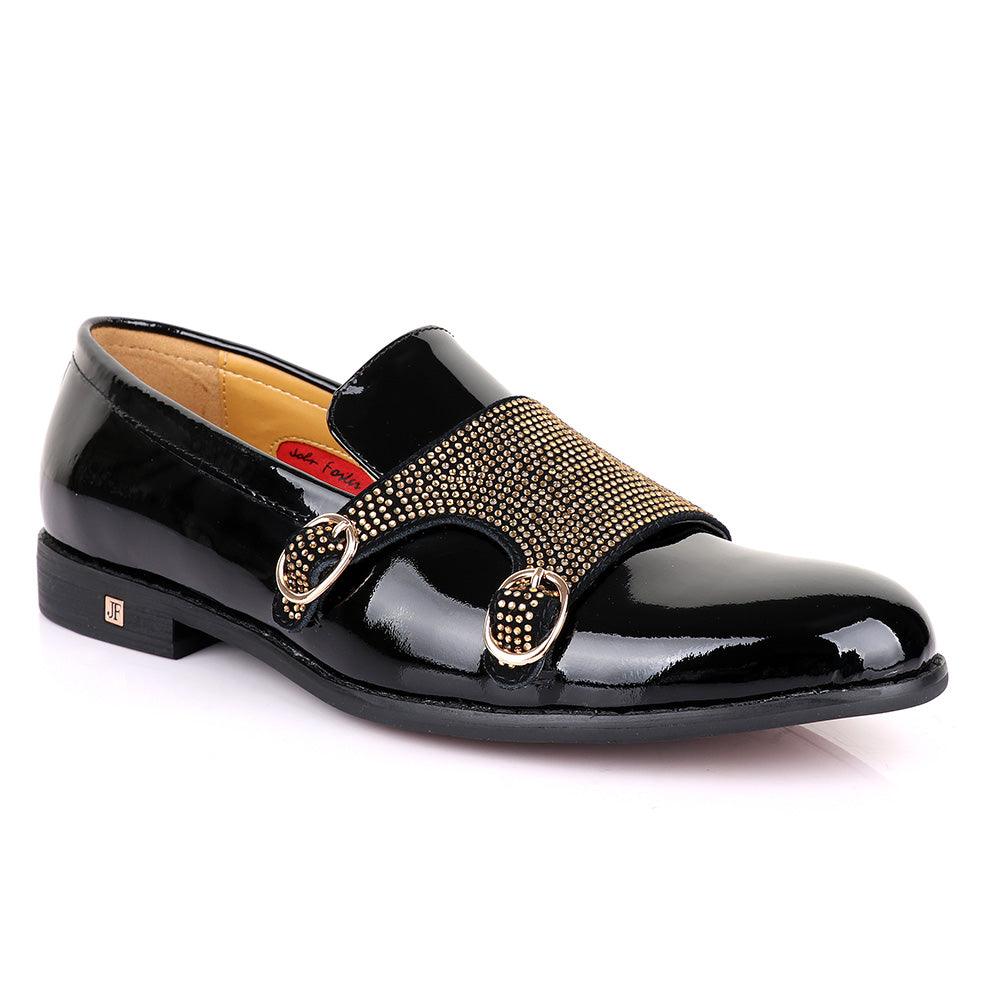 John Foster Wetlips Gold Monk Strap Black Shoe - Obeezi