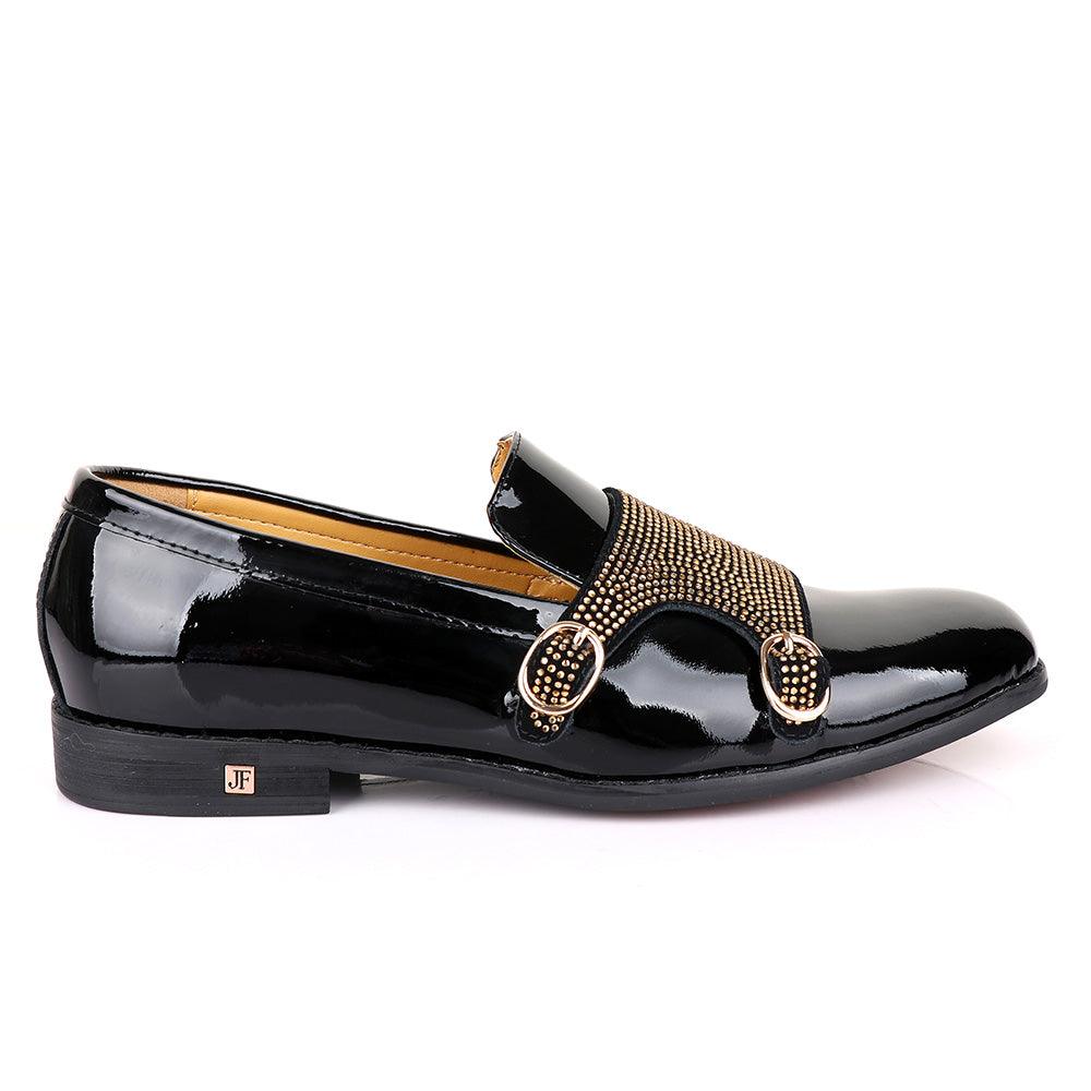 John Foster Wetlips Gold Monk Strap Black Shoe - Obeezi