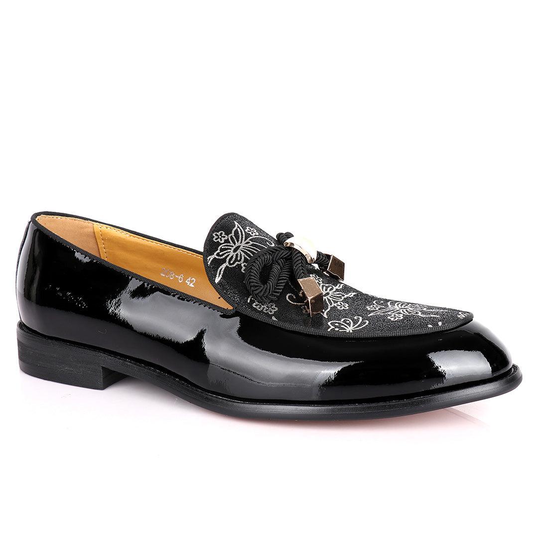 John Foster Wetlips With Woven Tassel Flowered Print Shoe-Black - Obeezi.com
