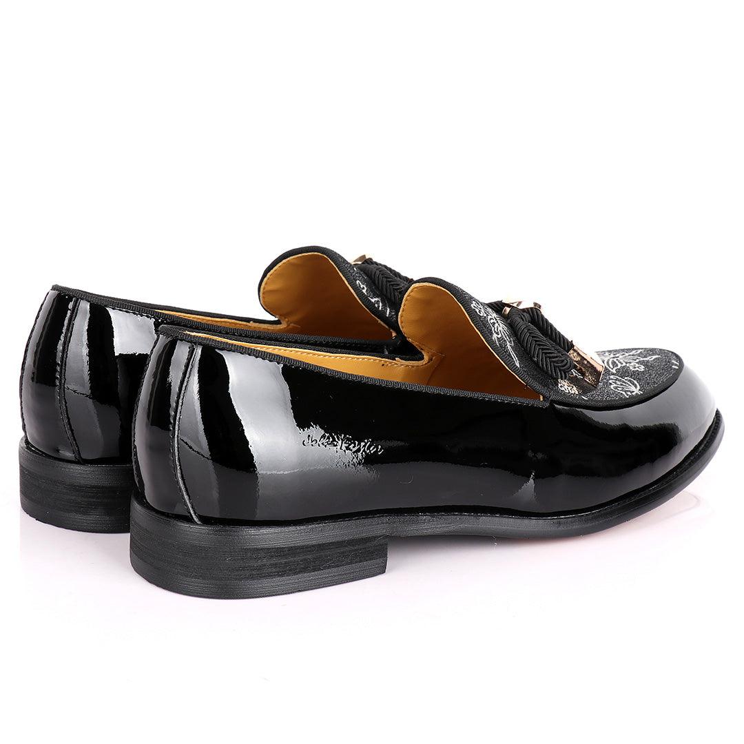 John Foster Wetlips With Woven Tassel Flowered Print Shoe-Black - Obeezi.com