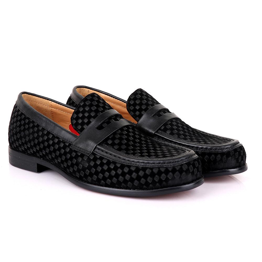 John Foster With Full Suede Checkered Design Leather-Black - Obeezi