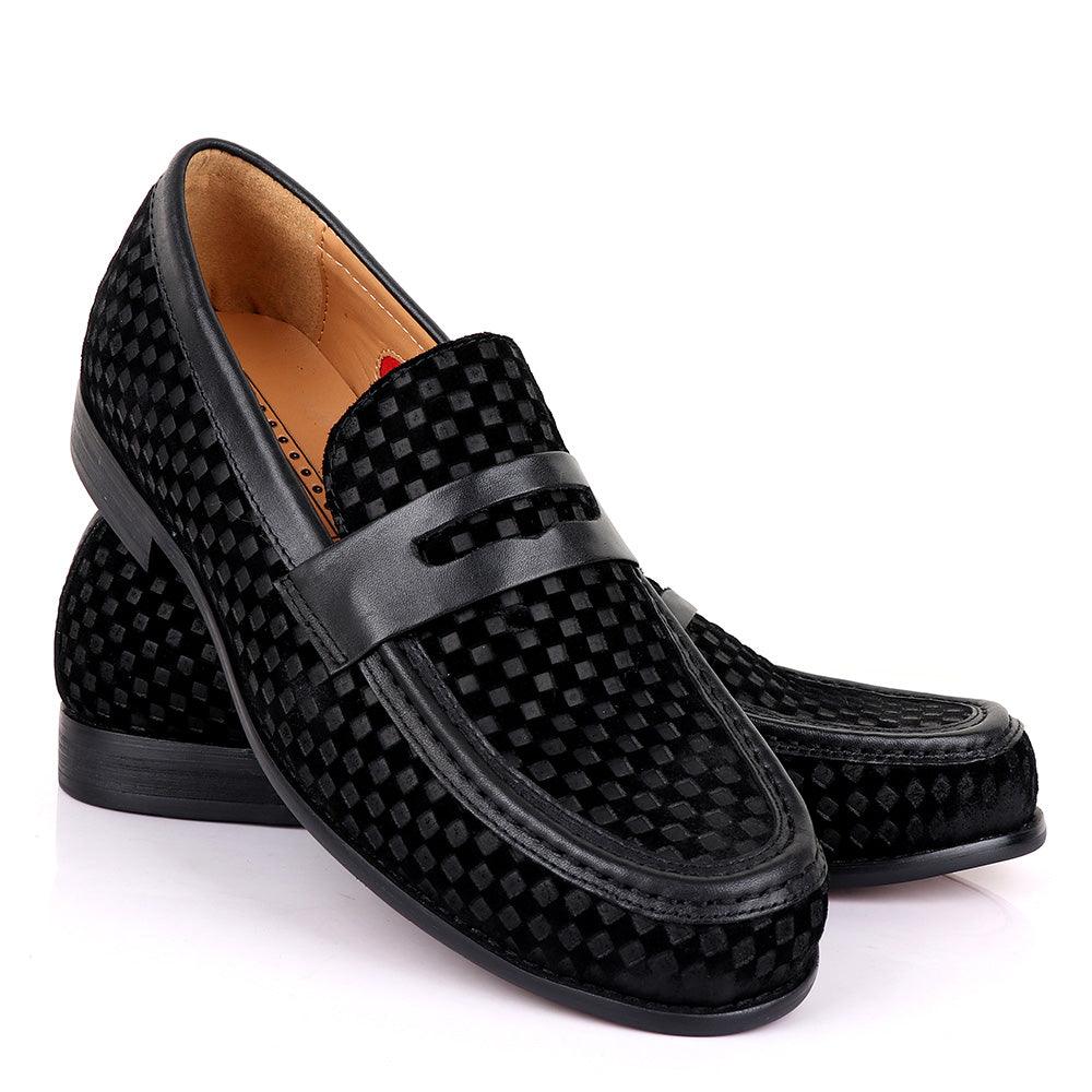 John Foster With Full Suede Checkered Design Leather-Black - Obeezi