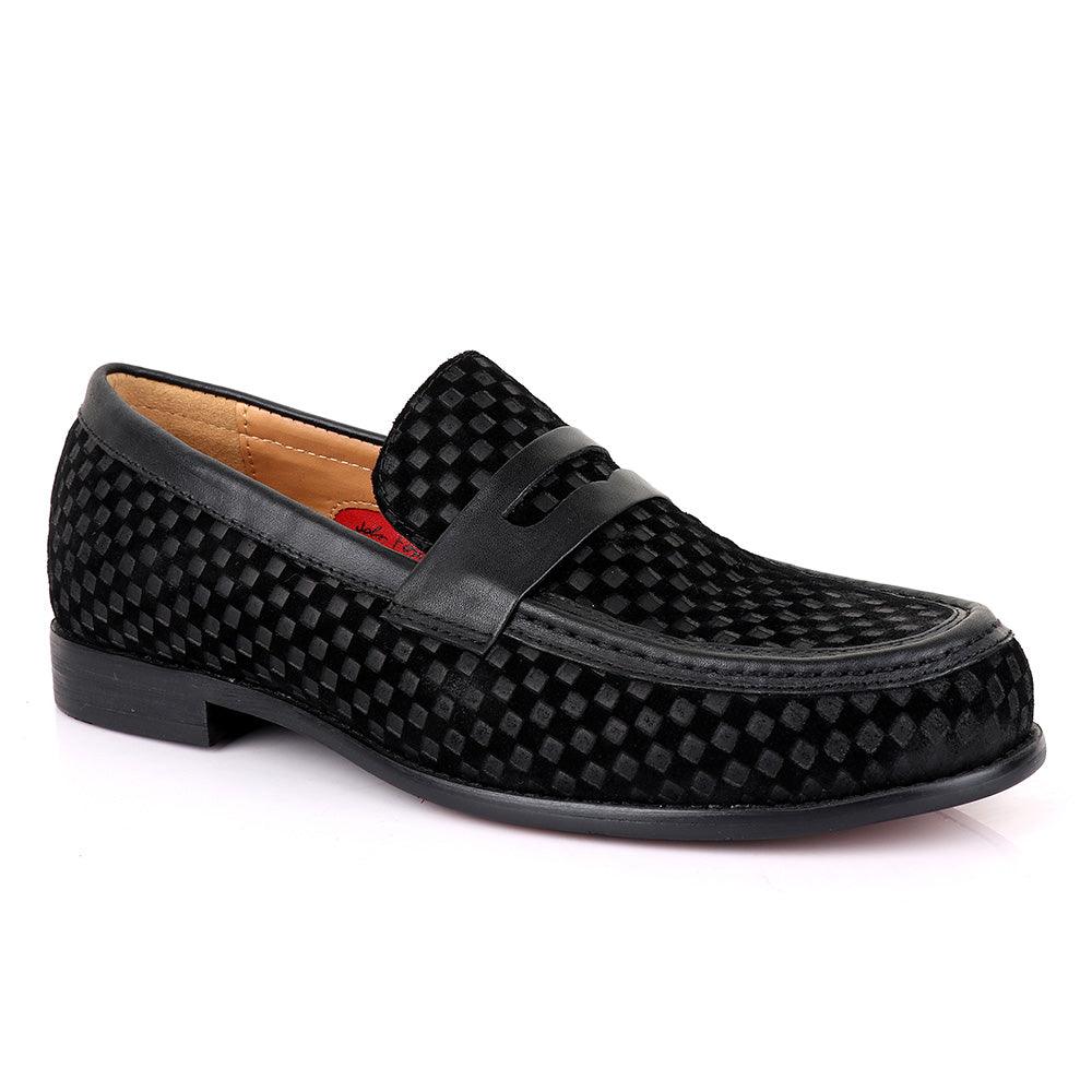 John Foster With Full Suede Checkered Design Leather-Black - Obeezi