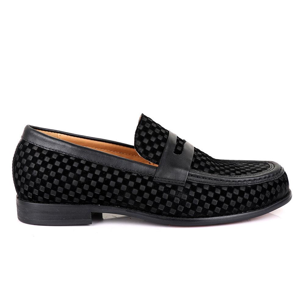 John Foster With Full Suede Checkered Design Leather-Black - Obeezi