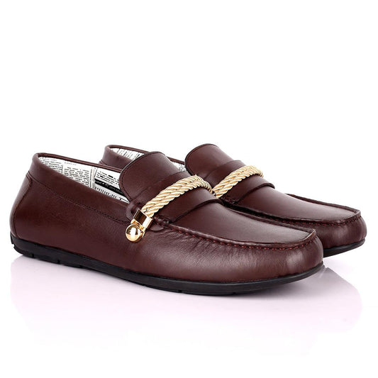 John Galliano Exquisite Gold Double Roped Designed Leather Shoe - Coffee - Obeezi.com