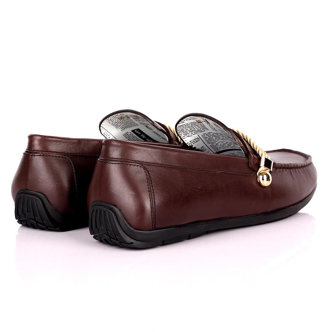 John Galliano Exquisite Gold Double Roped Designed Leather Shoe - Coffee - Obeezi.com