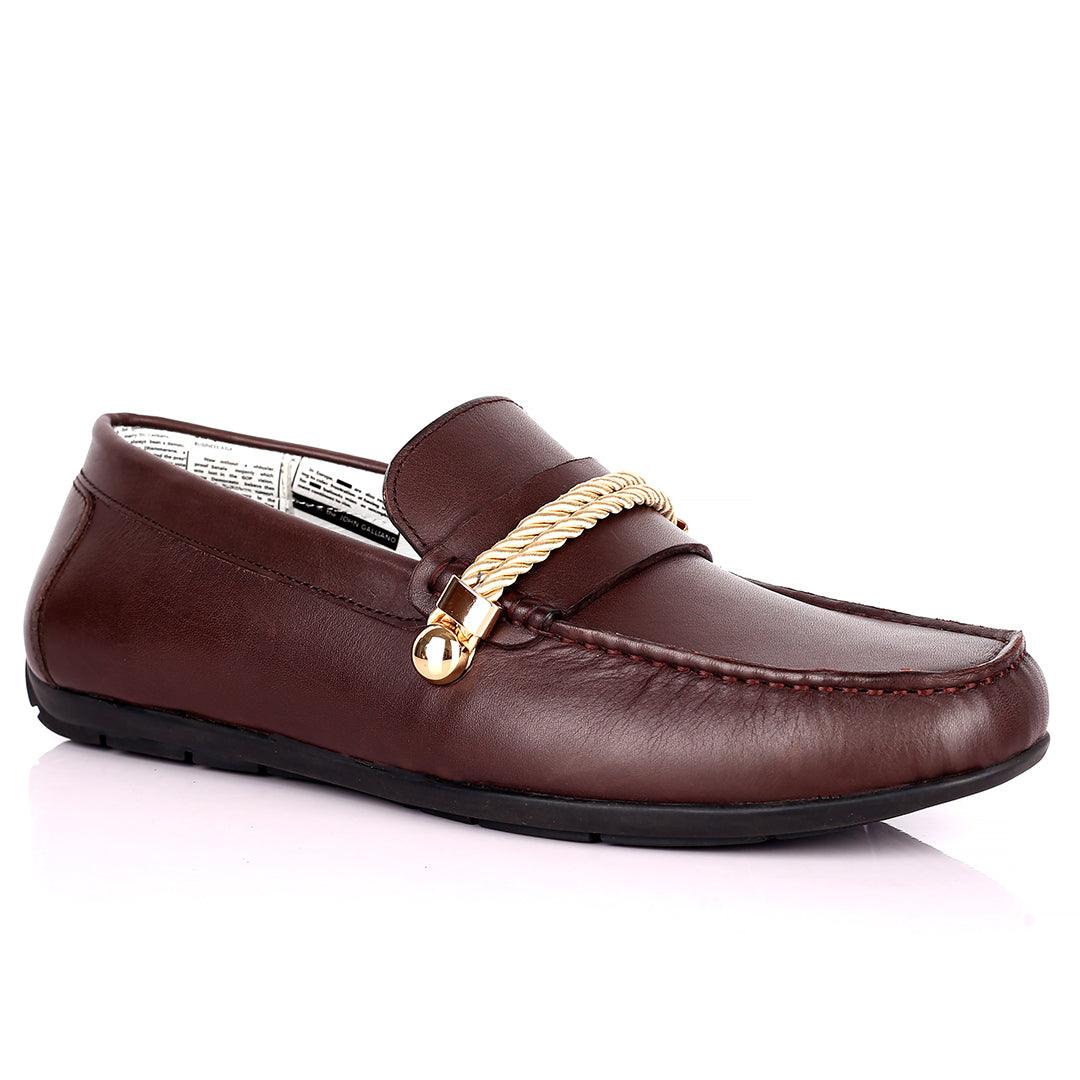 John Galliano Exquisite Gold Double Roped Designed Leather Shoe - Coffee - Obeezi.com