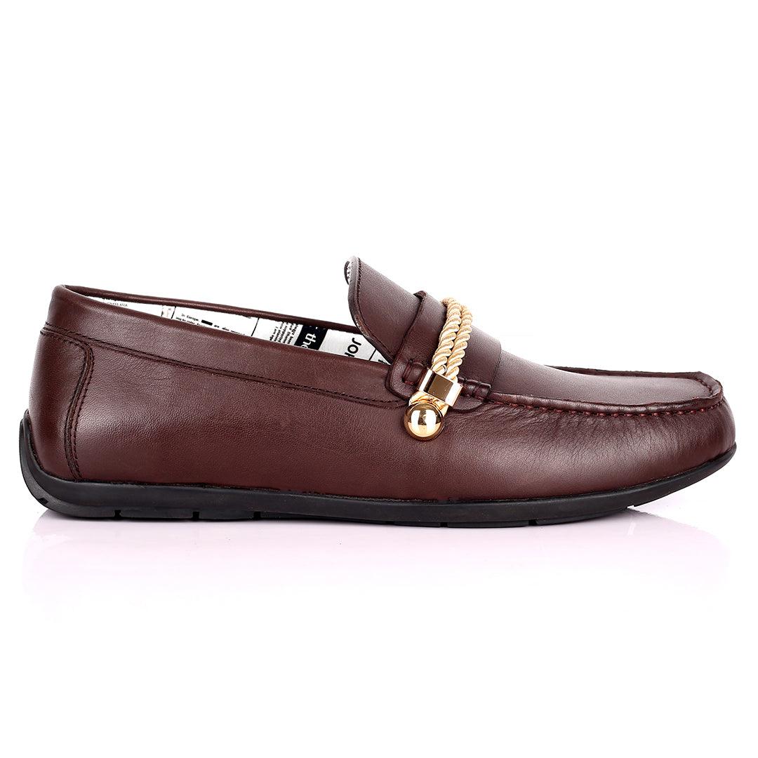 John Galliano Exquisite Gold Double Roped Designed Leather Shoe - Coffee - Obeezi.com