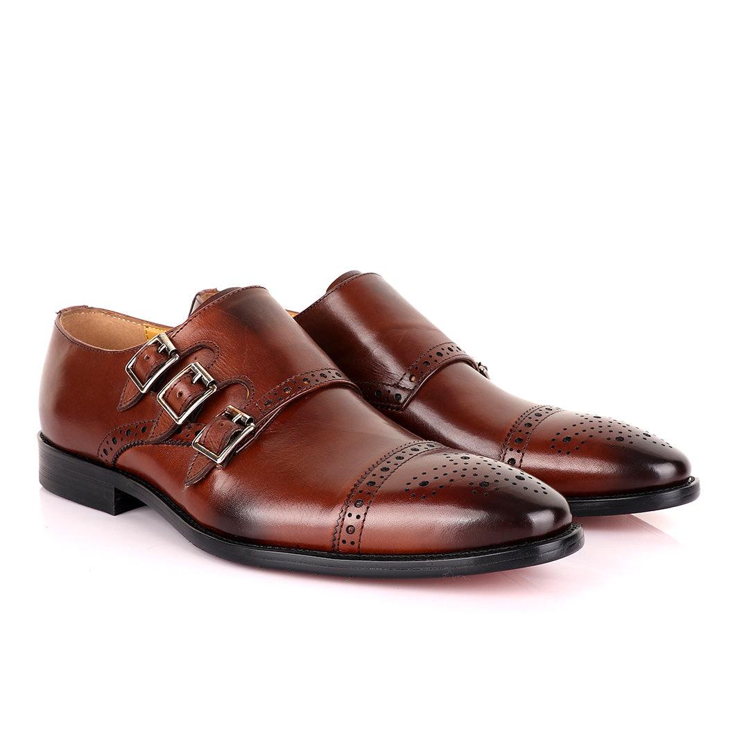John Mendson 3 Buckle Strap Brown Leather Loafers - Obeezi