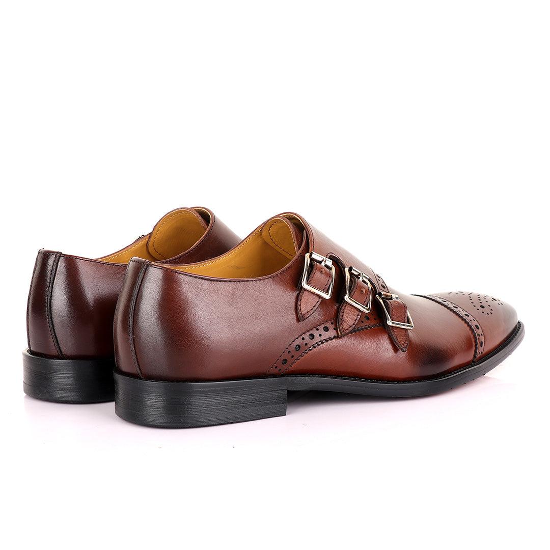 John Mendson 3 Buckle Strap Brown Leather Loafers - Obeezi