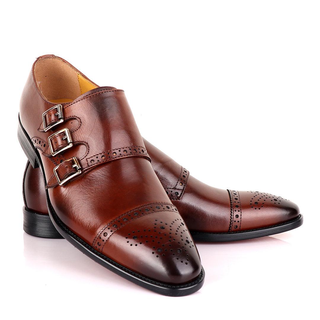 John Mendson 3 Buckle Strap Brown Leather Loafers - Obeezi