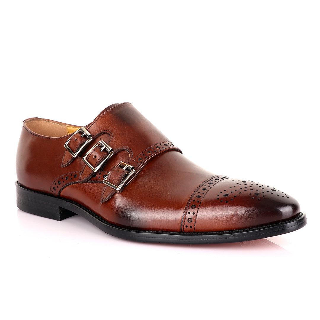 John Mendson 3 Buckle Strap Brown Leather Loafers - Obeezi