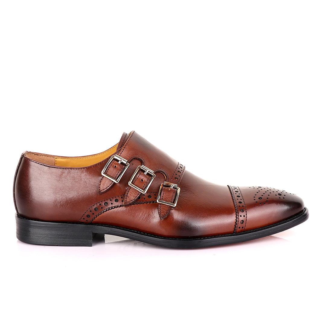 John Mendson 3 Buckle Strap Brown Leather Loafers - Obeezi