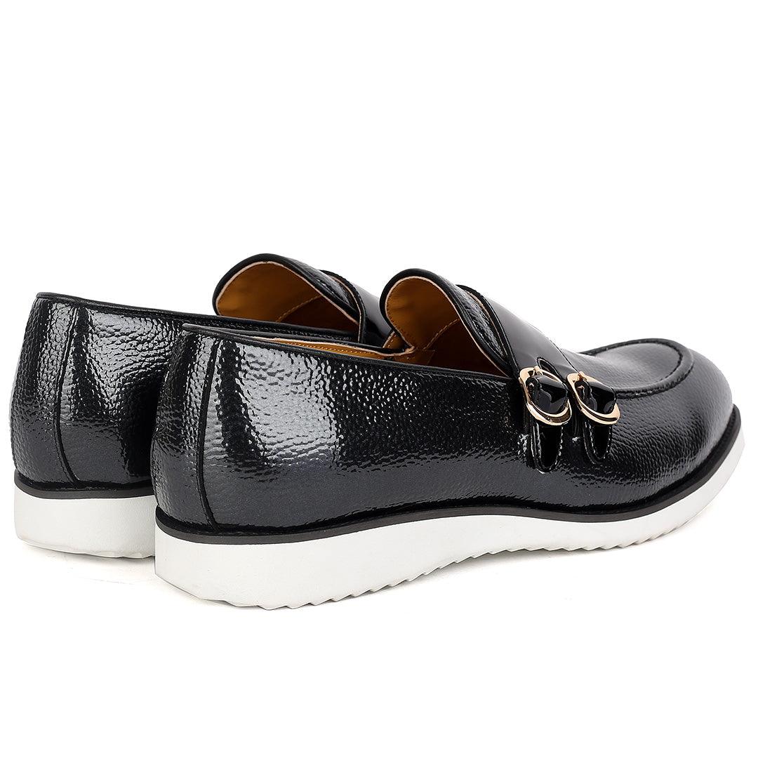 John Mendson Black Leather Monk Shoe With Black Glossy Strap And White Designed Sole - Obeezi.com