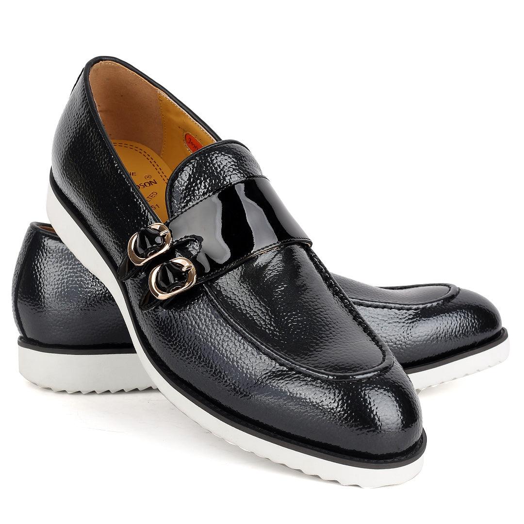 John Mendson Black Leather Monk Shoe With Black Glossy Strap And White Designed Sole - Obeezi.com