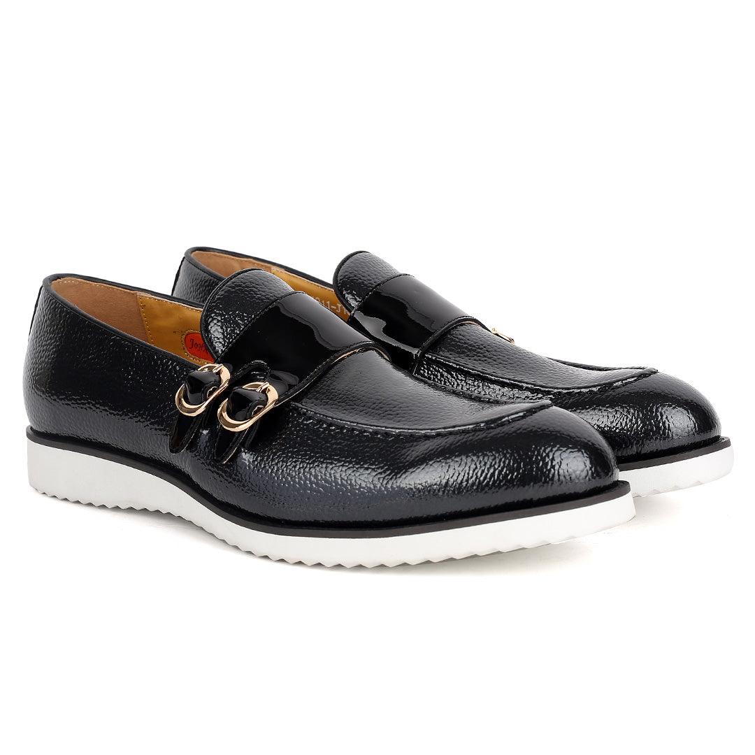 John Mendson Black Leather Monk Shoe With Black Glossy Strap And White Designed Sole - Obeezi.com