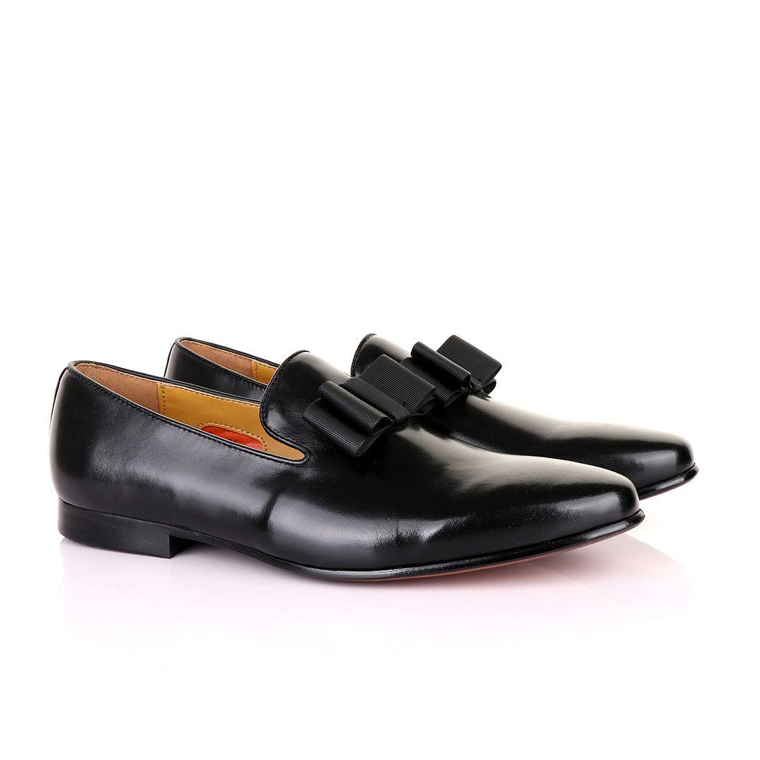 John Mendson Black Leather With Bow Loafers - Obeezi
