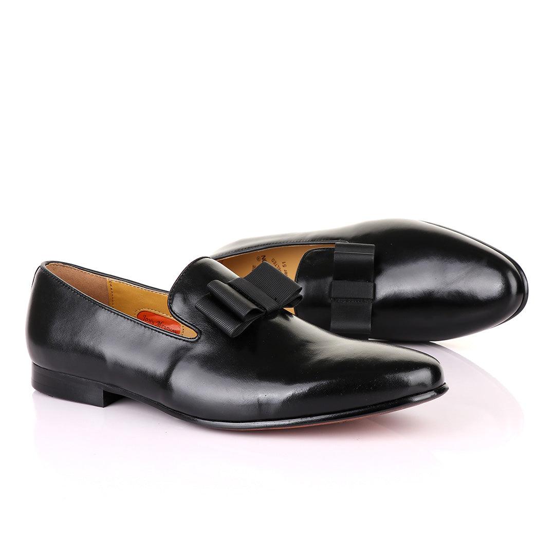 John Mendson Black Leather With Bow Loafers - Obeezi