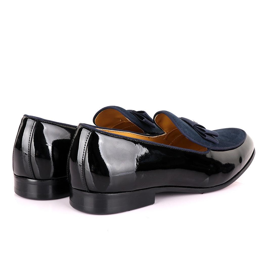 John Mendson Black Patent Bow With Blue Suede Loafers - Obeezi