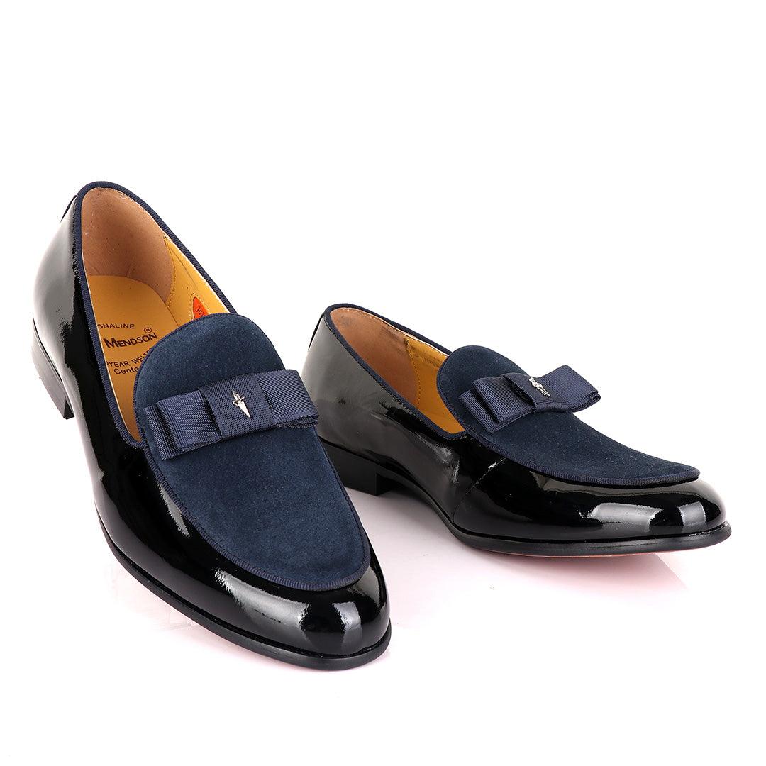 John Mendson Black Patent Bow With Blue Suede Loafers - Obeezi