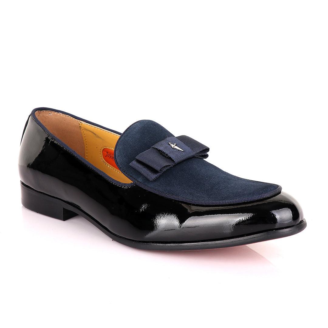 John Mendson Black Patent Bow With Blue Suede Loafers - Obeezi