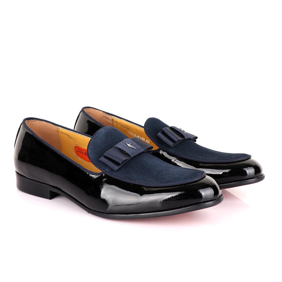 John Mendson Black Patent Bow With Blue Suede Loafers - Obeezi