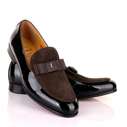 John Mendson Black Patent Bow With Coffee Suede Loafers Shoe - Obeezi