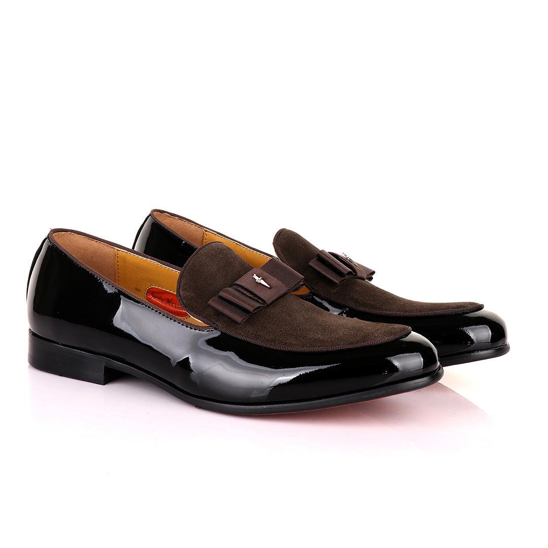John Mendson Black Patent Bow With Coffee Suede Loafers Shoe - Obeezi