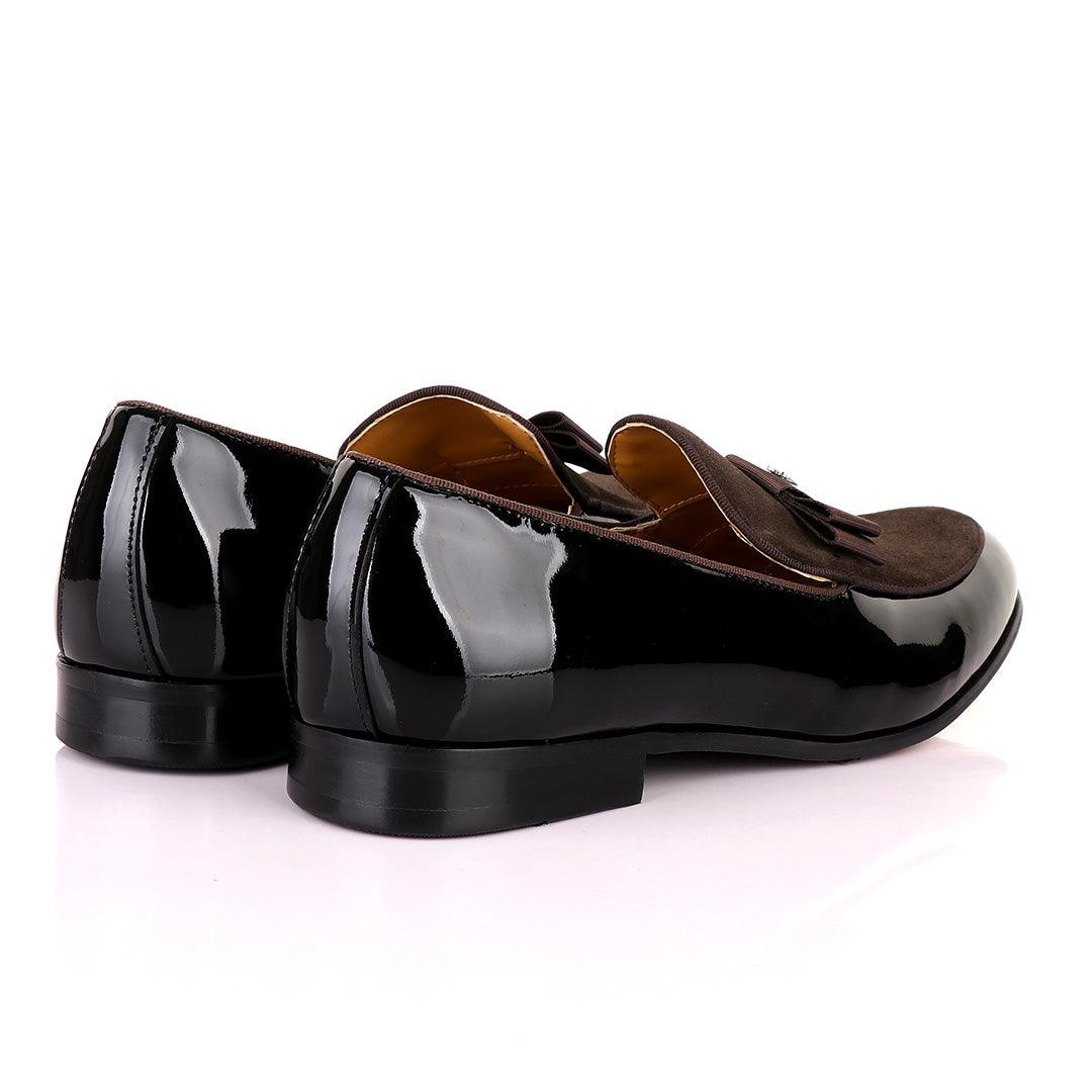 John Mendson Black Patent Bow With Coffee Suede Loafers Shoe - Obeezi