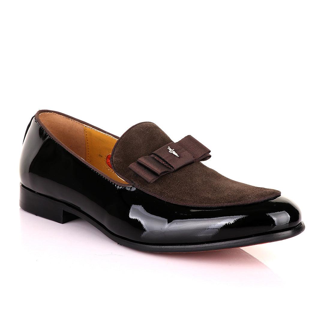 John Mendson Black Patent Bow With Coffee Suede Loafers Shoe - Obeezi