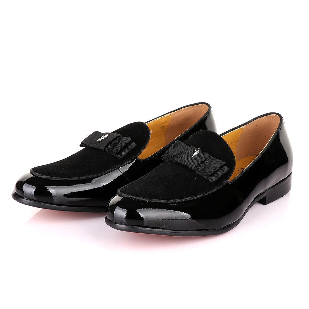 John Mendson Black Patent Bow With Logo Suede Loafers Shoe - Obeezi