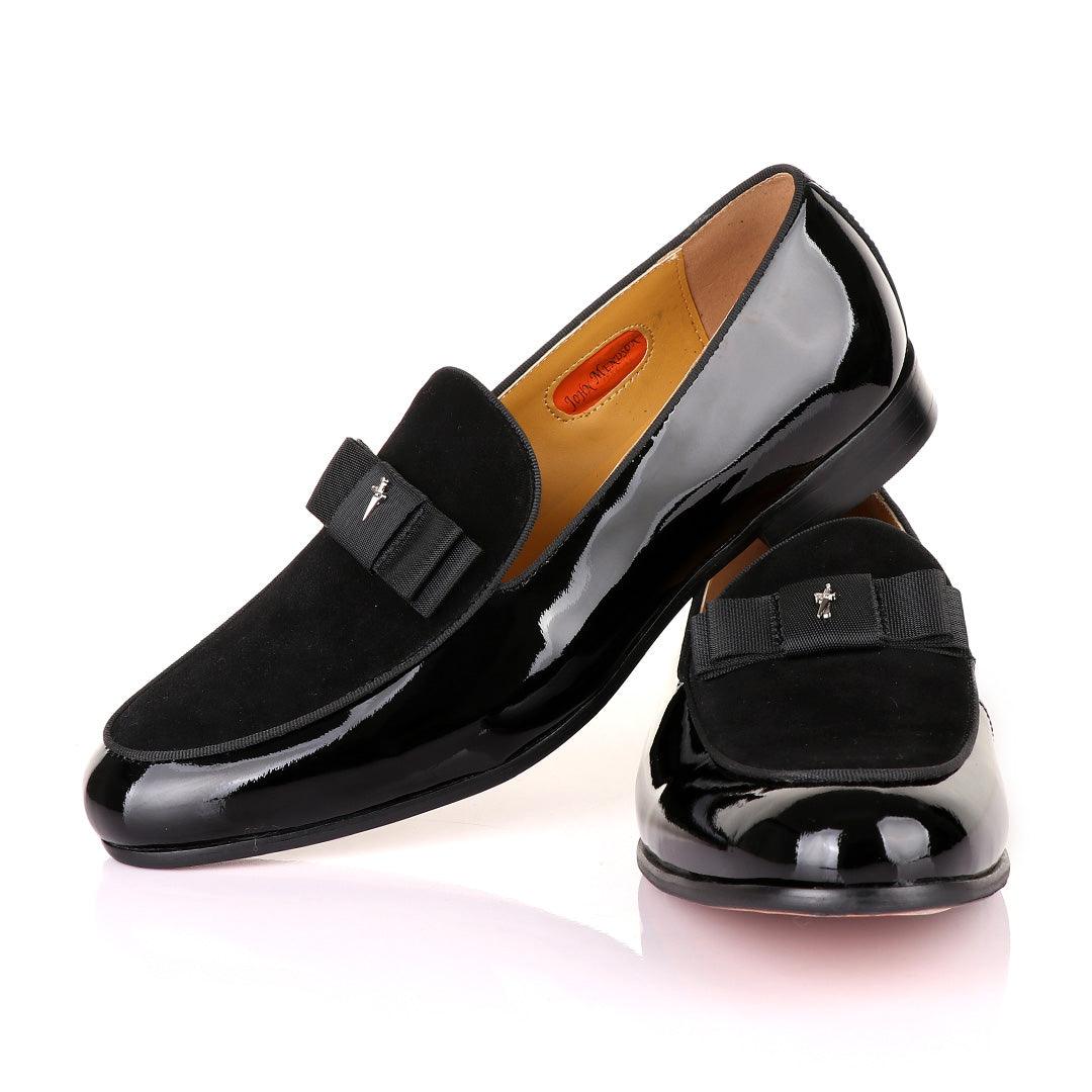 John Mendson Black Patent Bow With Logo Suede Loafers Shoe - Obeezi
