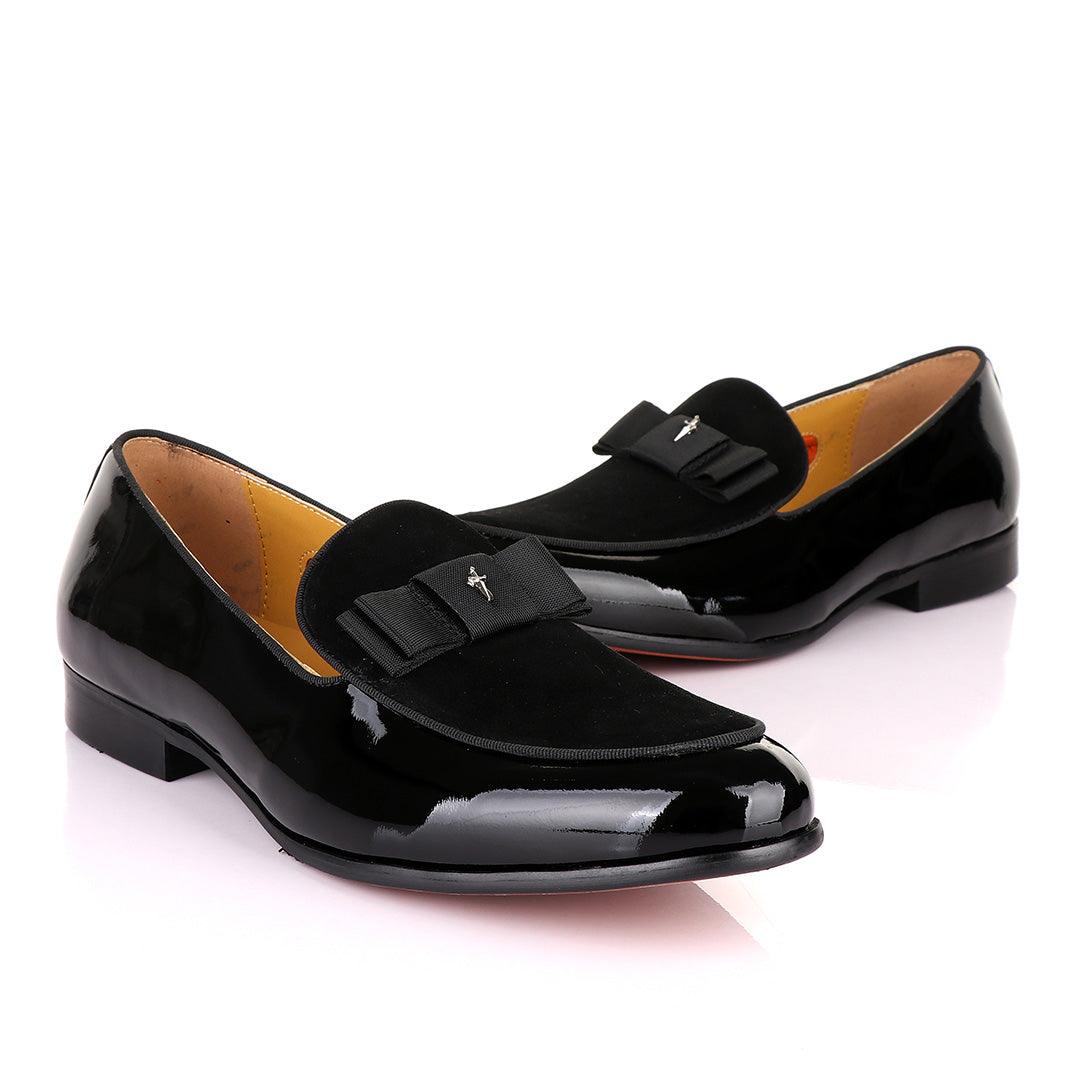 John Mendson Black Patent Bow With Logo Suede Loafers Shoe - Obeezi