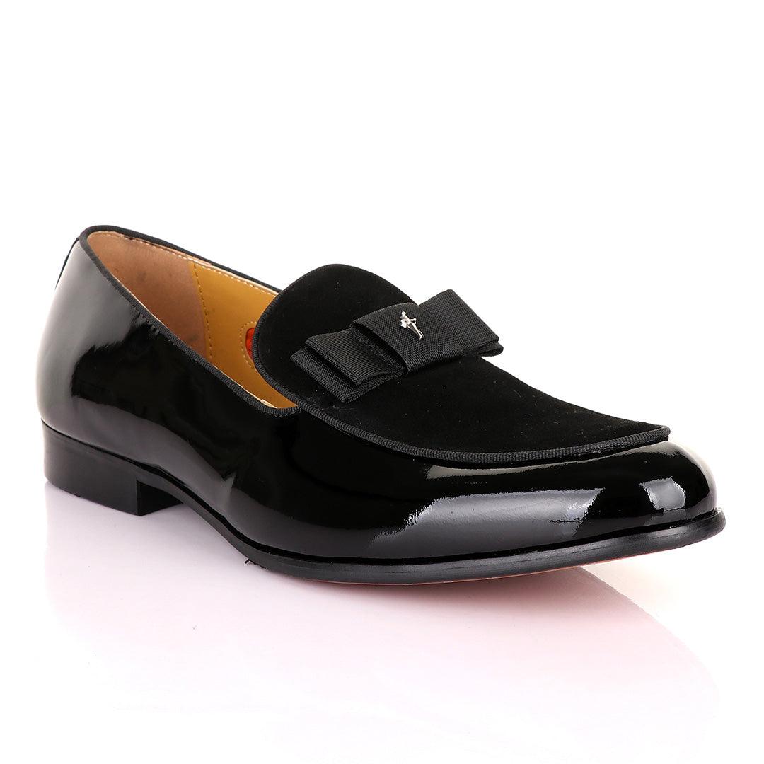 John Mendson Black Patent Bow With Logo Suede Loafers Shoe - Obeezi