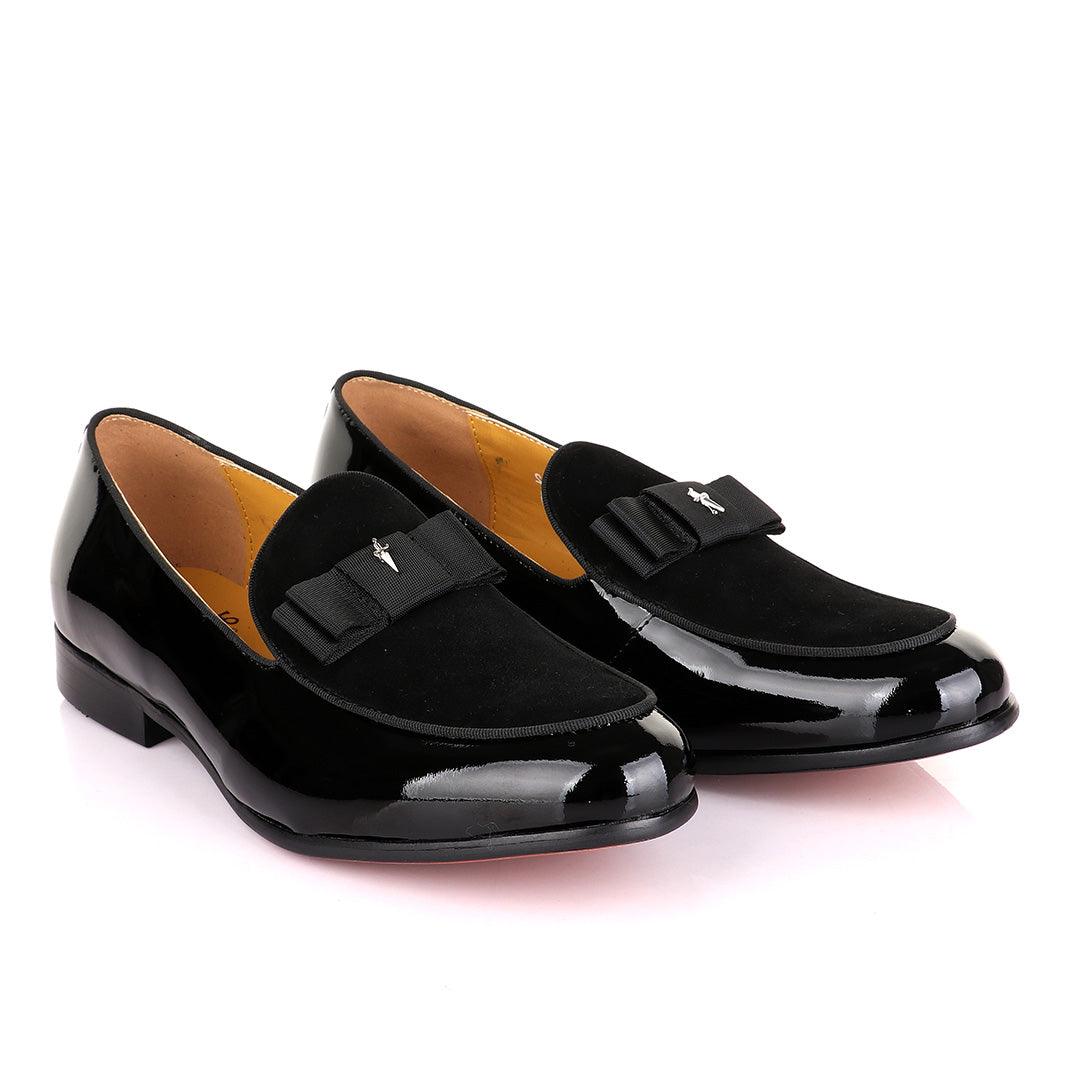 John Mendson Black Patent Bow With Logo Suede Loafers Shoe - Obeezi