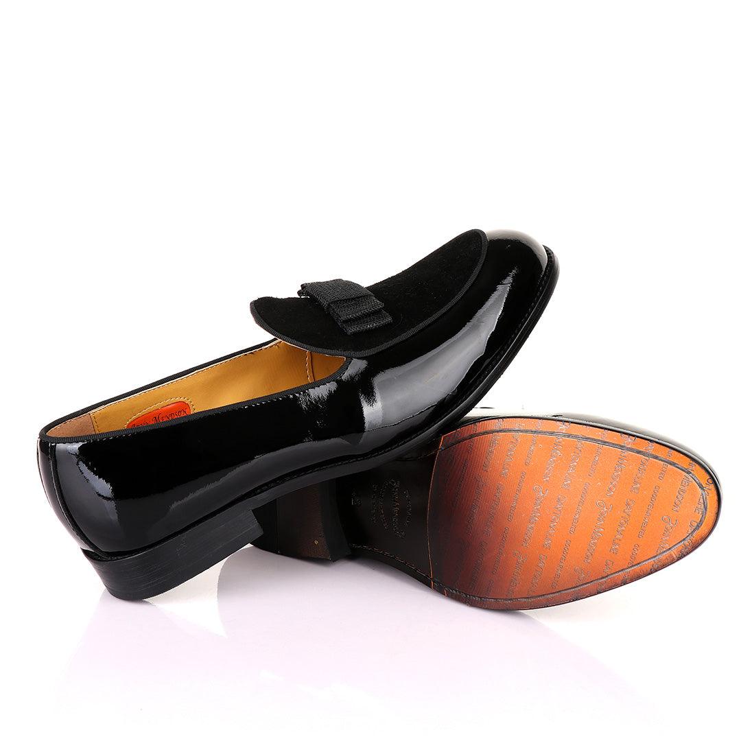 John Mendson Black Patent Bow With Suede Loafers Shoe - Obeezi