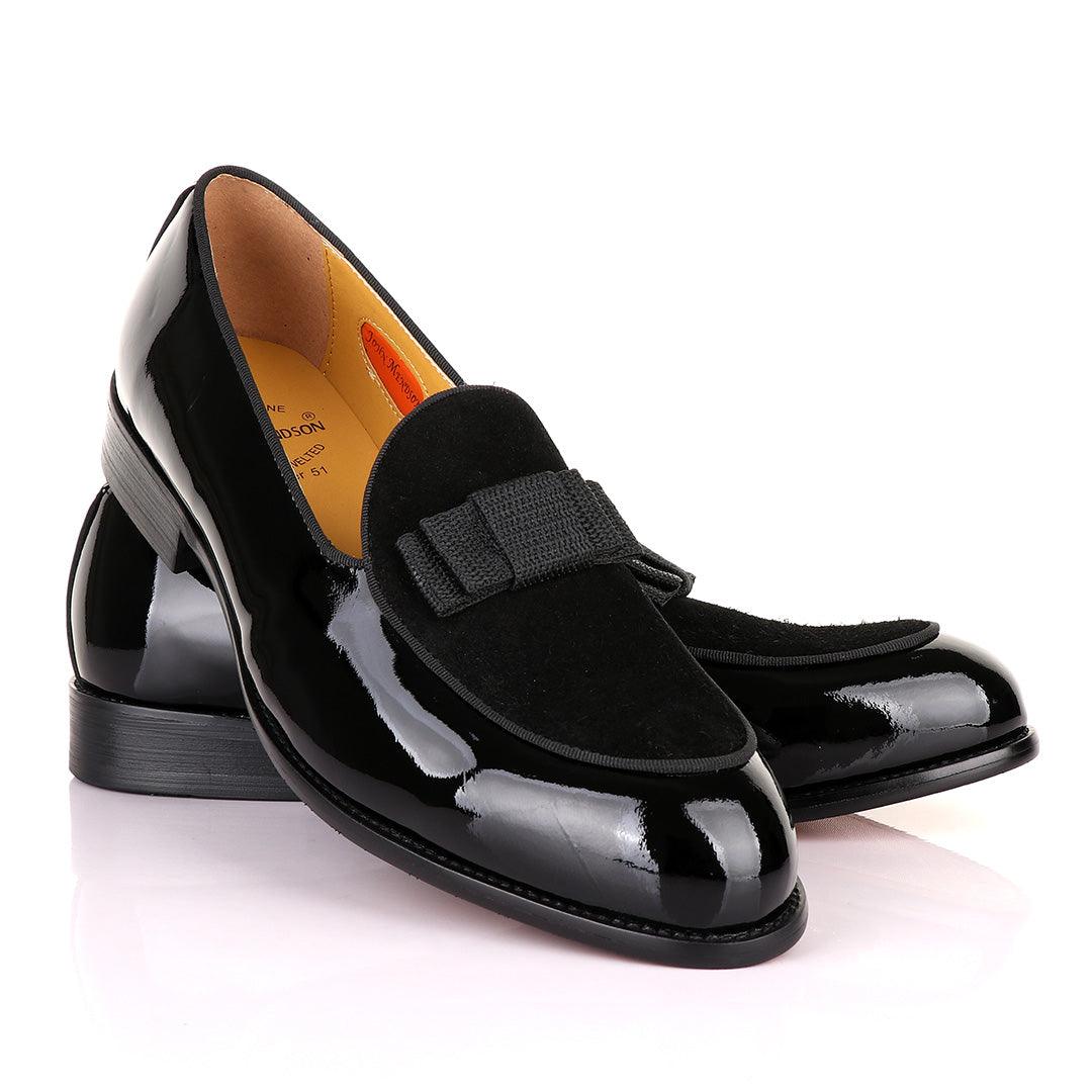 John Mendson Black Patent Bow With Suede Loafers Shoe - Obeezi