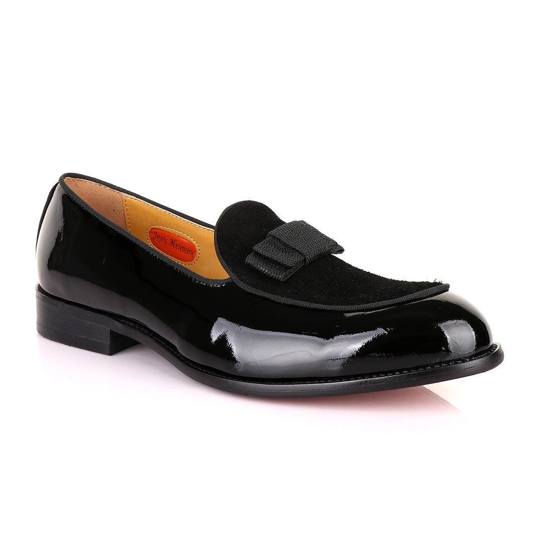 John Mendson Black Patent Bow With Suede Loafers Shoe - Obeezi