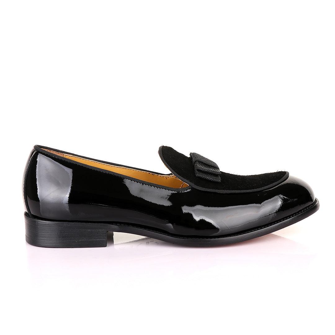 John Mendson Black Patent Bow With Suede Loafers Shoe - Obeezi