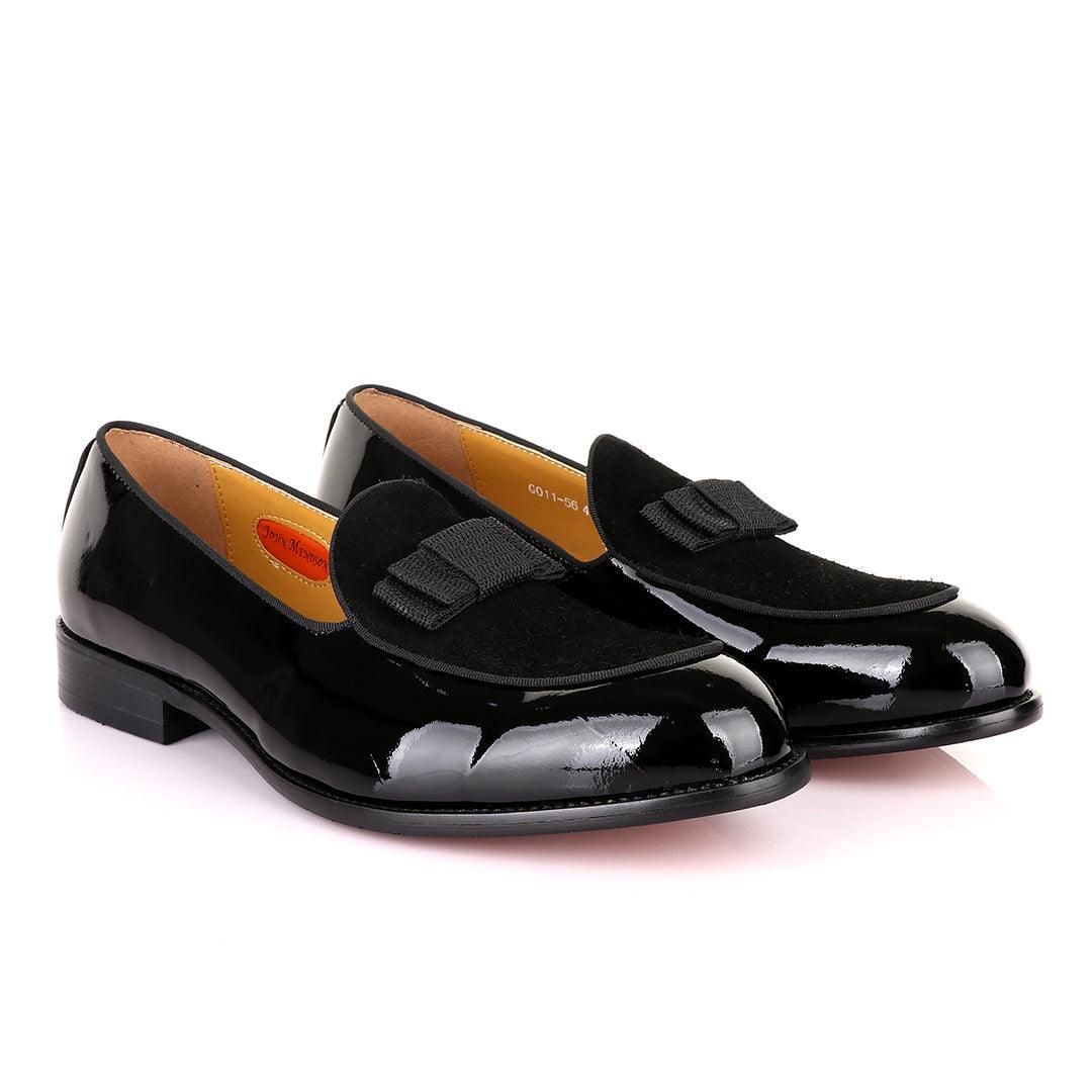 John Mendson Black Patent Bow With Suede Loafers Shoe - Obeezi
