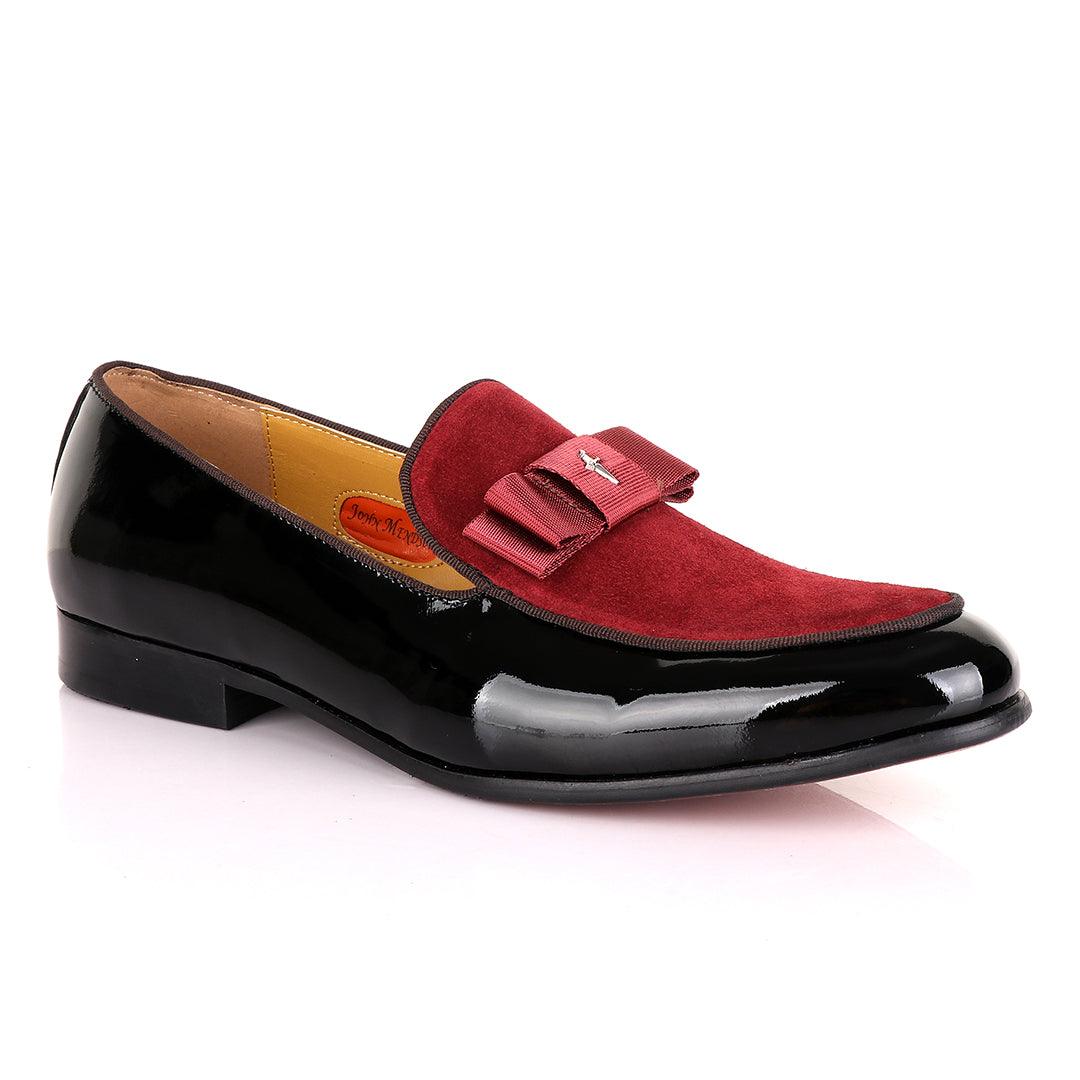 John Mendson Black Patent Bow With Wine Suede Loafers - Obeezi